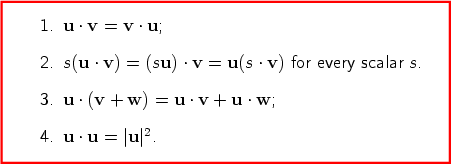 1. u · v = v · u;  2. s(u · v) = (su) · v = u(s · v) for every scalar s.  3. u · (v + w) = u · v + u · w;  4. u · u = |u|2. 